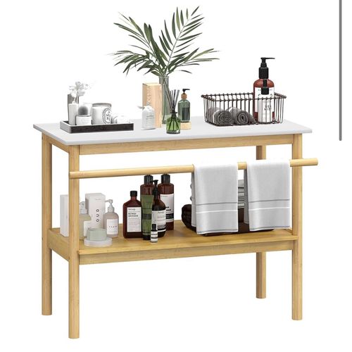 Homcom tagre Salle De Bain Rangement, Meuble Salle De Bain En Bambou  2 Niveaux Avec Barre Porte-Serviettes, tagre Ouverte, Dim. 100l X 48p X 75h Cm, Naturel Et Blanc