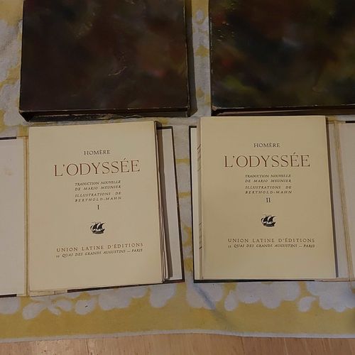Homre L'odysse 1943 -2 Tomes-Illustrations Berthold Mahn.Traduction Mario Meunier.Union Latine D'ditions, Paris 1943. 2 Tomes In-8,Brochs, Exemplaire Numrot N2130 -Justifi Sur Vlin De Chiffon   