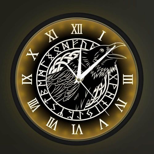 Horloge Murale  Led Avec Commande Vocale, Corbeau Noir Croassant Avec Chiffres Romains, Corbeau Viking D'odin Avec Runes Scandinaves, Montre Silencieuse