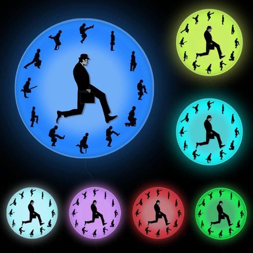Horloge Murale Silencieuse Sans Tic-Tac Inspire De La Comdie Britannique Ministry Of Silly Walk Avec Lumire Changeante Multicolore, Dcoration D'intrieur Humoristique, Cadre En Acrylique, Montre D