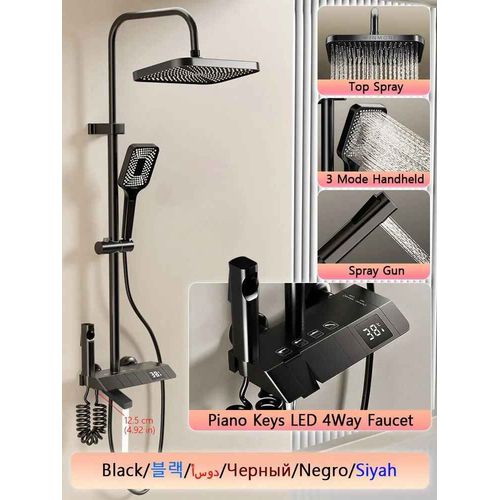 Hoshower-Ensemble Complet De Systme De Douche,Buse Rotative,Baignoire,Affichage Numrique,Douche Murale,Pluie,Led,Ensemble De Pommeau De Douche Salle De Bains Douche En Laiton Tap Set - Type Black