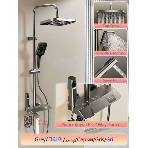 Hoshower-Ensemble Complet De Systme De Douche,Buse Rotative,Baignoire,Affichage Numrique,Douche Murale,Pluie,Led,Ensemble De Pommeau De Douche Salle De Bains Douche En Laiton Tap Set - Type Grey