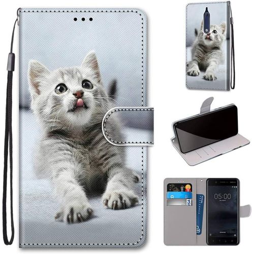 Housse  Rabat Portefeuille Pour Nokia 5,Coque En Cuir Pu Pour Nokia 5,Etui De Protection Motif Avec Fonction Support Magntique Portables Case Nokia 5 2017 Release 5.2-Pouces,Mignon Chaton Gris