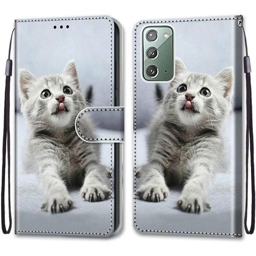 Housse  Rabat Portefeuille Pour Samsung Galaxy Note20,Coque En Cuir Pu Pour,Etui De Protection Motif Avec Fonction Support Magntique Portables Case Samsung Galaxy Note20,Mignon Chaton Gris