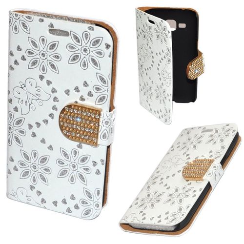 Housse Coque Etui Cuir Strass Blanc Pour Samsung Galaxy J1