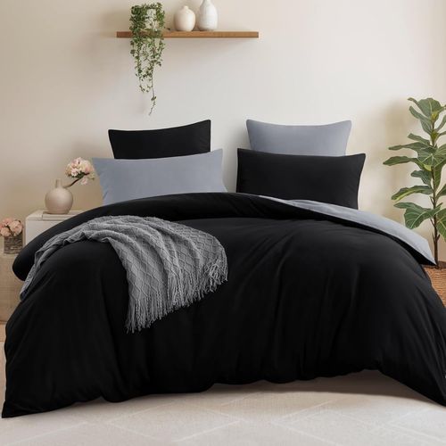 Housse De Couette 220x240 Rversible - Parure De Lit Bicolore Adulte 2 Personnes Avec Fermeture clair, Parure Housse Coutte 240 X 220 Microfibre Avec 2 Taie Oreiller 65x65, Noir Et Gris