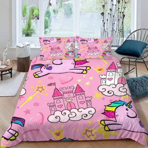Housse De Couette Chateau De Princesse X Imprim D Kawaii Rose Parure De Lit Personnes Hypoallergique Microfibre Literie PiCes Avec Fermeture Clai
