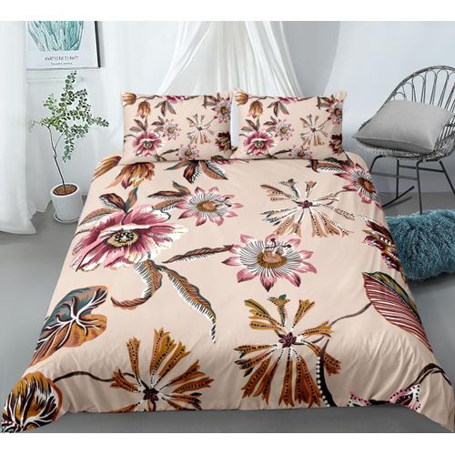 Housse de couette ¿¿ fleurs roses, feuilles de palmier, parure de lit