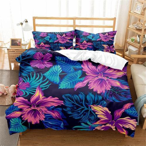 Housse De Couette  Fleurs Violettes, Ensemble De Literie Imprim De Feuilles De Fleurs Vibrantes, Comprenant Une Housse De Couette Et Des Taies D'oreiller, Micro Doux