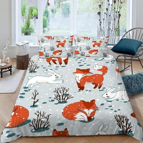 Housse De Couette No?L X Imprim D Renard Dessin Anim Parure De Lit Personnes Hypoallergique Microfibre Literie PiCes Avec Fermeture Clair