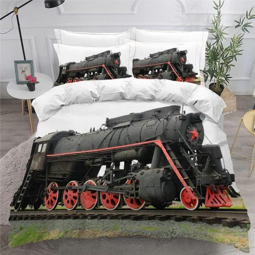 Housse De Couette Xcm Train  Vapeur RTro D Impression Housse De Couette Microfibre Avec Fermeture Clair Enfants Gar?On Avec Taies D'oreillers Xcm