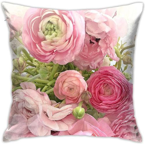 Housse De Coussin Moderne Carre Douce, Rose, Pivoine, Feuilles Vertes Sur Rayures Noires Et Blanches, Fleur