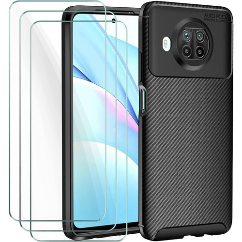 Housse De Protection Xiaomi Mi 10t Lite Avec Verre Tremp 9h - Coque Tpu Souple Fibre De Carbone Antichoc Anti-Graisse, Noir + 3 Films cran Et Accessoires