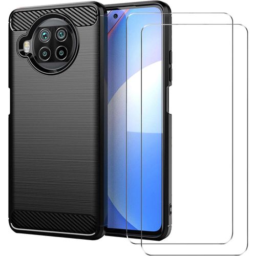 Housse Xiaomi Mi 10t Lite 5g Avec Film Tremp - Coque Silicone Tpu Fibre De Carbone Antichoc, Protection cran Hd Anti-Trace Noir - 6.67