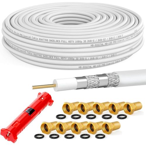 HQ-135 PRO 20m 135dB Cble SAT coaxial 4 fois blind avec dnudage et 10 fiches F dores Cble d'antenne pour systmes DVB-S/S2/S2X DVB-C et DVB-T/T2 BK UHD 4K Full HD 3D.[U109]
