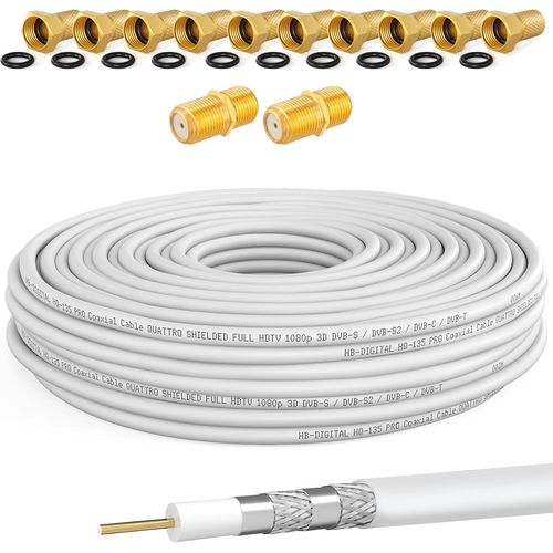 HQ-135 PRO Cble satellite coaxial 130 dB 20 m quadruple blindage pour installations DVB-S / S2 DVB-C et DVB-T BK + 10 fiches F plaques or et 2 connecteurs F