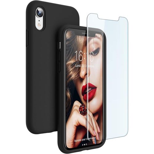 Hqselection  Coque Silicone Noir Mat Compatible Avec Iphone Xr + 2 Film De Protection D'cran En Verre Tremp Transparent - Anti Rayures - Ultra Rsistant Duret 9h