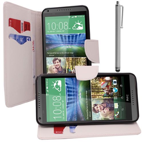 Etui Portefeuille Pour Htc Desire 816/ 816g Dual Sim Support Video Cuir Pu Effet Tissu - Blanc + Stylet