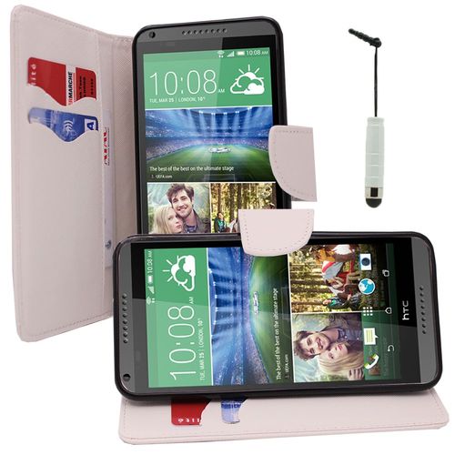 Etui Portefeuille Pour Htc Desire 816/ 816g Dual Sim Support Video Cuir Pu Effet Tissu - Blanc + Mini Stylet