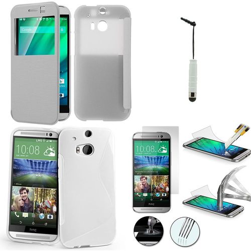 Htc One (M8)/ One M8s/ Dual Sim/ (M8) Eye/ M8 For Windows: Lot Coque Etui Housse Pochette Accessoires Silicone Gel S-View Couleur: Blanc + 1 Stylet Tactile + 1 Film Verre Tremp
