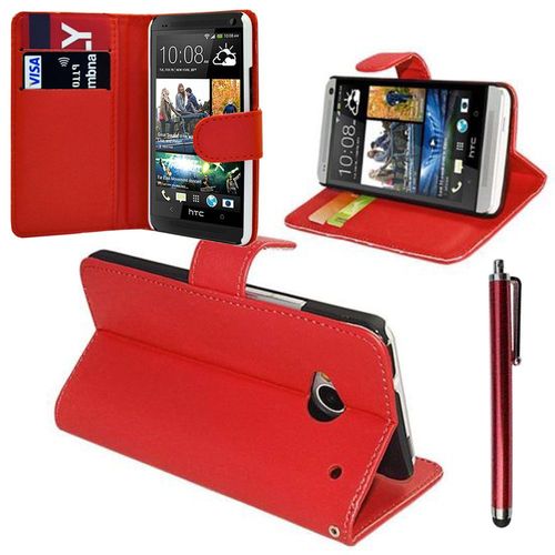 Htc One Mini M4/ 601/ 601e/ 601n/ 601s: Etui Portefeuille Livre Housse Coque Pochette Support Vido Cuir Pu+ Stylet- Rouge