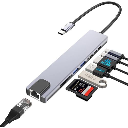 HUAG-Adaptateur USB C 8-en-1 Pour Ordinateurs Portables Dell Avec HDMI 4K, 100W PD, Port USB 3.0, Ethernet RJ45, Lecteur De Cartes SD/TF - Compatible MacBook Pro/Air Type-C Docking Station