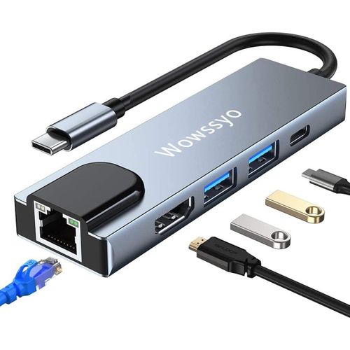 HUAG-Hub USB C Ethernet LAN RJ45, Adaptateur USB C 5 en 1, Multiport Adapter 4K HDTV, USB 3.0, PD 100W, Dock USB c pour MacBook Pro/Air, iPad Pro/Air, Chromecast, Switch, PS4, Windows, Mobile etc