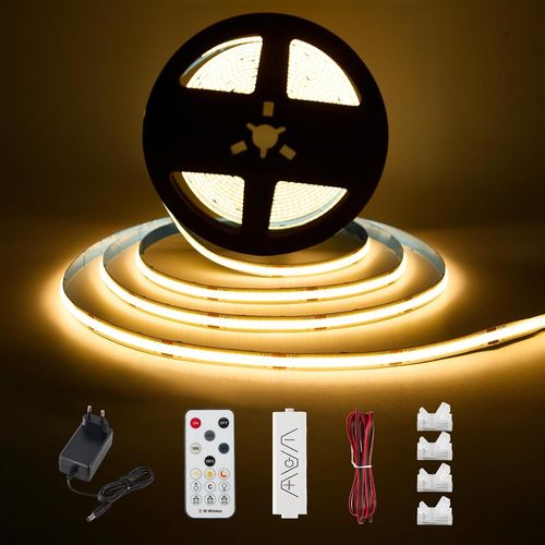 Huag-Ruban Led Cob Blanc Chaud 3 Mtres - Kit D'clairage Sous Meuble Avec Tlcommande Rf Pour Vitrine, Cuisine, Bureau, tagre, Placard - Adaptateur 24v Inclus - 2700k