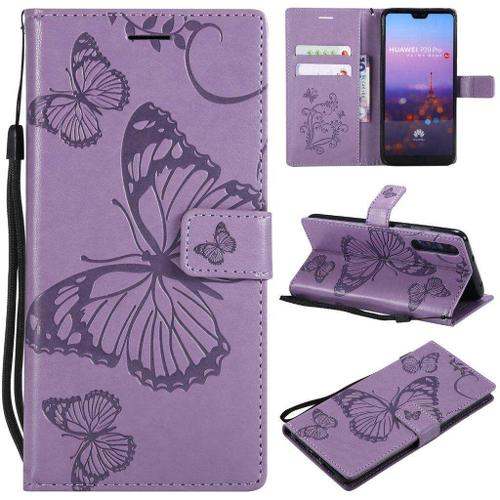 Huawei P20 Pro Coque, Saturcase Papillon Gaufrage Pu Cuir Magntique Flip Portefeuille Support Porte-Carte Protecteur Housse tui Avec Dragonne Pour Huawei P20 Pro (Violet)