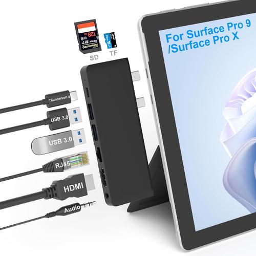Hub Stations d'accueil Surface Pro 9 Triple Moniteur, Multiport Docking Station avec HDMI+USB-C Thunderbolt 4(8K@30Hz+40Gbps+PD 100W)+RJ45+Audio 3,5 mm+SD/TF+2*USB 3.0, Dock pour Surface Pro 9/Pro X