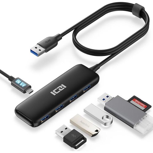 Hub Usb 3.0 5 PortsAvec Prise D'Alimentation,Ultra-Fin Avec Cble tendu De 120Cm/4Ft - Hub Usb 3.0 Pour Macbook, Imac, Surface Pro, Xps, Notebook Pc, Cls Usb, Disques Durs Exte[POU6263104]