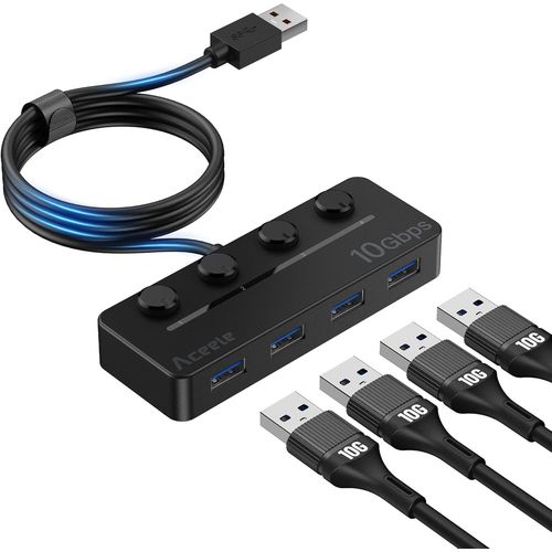 Hub USB 3.2 avec cble tendu de 120cm/4ft, USB 3.2 Gen 2 Hub, Concentrateur USB 3.2 avec interrupteurs d'alimentation LED individuels pour MacBook, PC, cls USB, Disque Dur Mobile, iMac, XPS