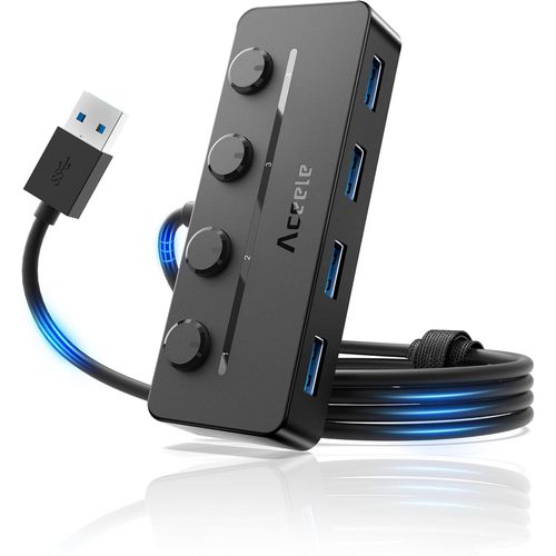 Hub USB 4 Ports avec cble tendu de 120cm/4ft,Data Hub USB 3.0,Adaptateur USB avec interrupteurs d'alimentation LED individuels pour MacBook,PC,cls USB,Disque Dur Mobile,iMac,XPS.[R89]