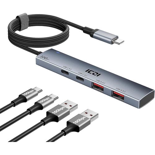 Hub USB C 3.2, 10Gbps, Multiprise USB C avec 120cm Cable Tresse en Nylon, Adaptateur USB C vers 2 USB-A et 2 USB-C Aluminium Compatible avec iPhone 16, MacBook, iPad Pro Surface Pro Galaxy S24
