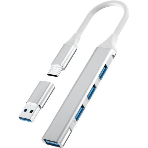 Hub USB C,4 ports mini USB avec adaptateur USB C vers USB,concentrateur d'extension USB C pour ordinateur portable (3 USB 2.0,1 USB 3.0),Surface Pro,XPS et PC (argent)