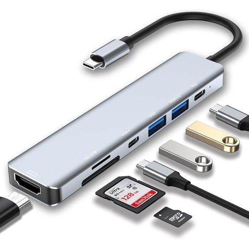 Hub Usb C 7 En 1, Adaptateur Usb C Avec Hdmi 4K, Deux Ports Usb-C, Usb 3.0, Lecteur De Carte Sd/Tf, Pd 100 W, Compatible Avec Macbook Pro & Air Et Autres Appareils De Type C[VIT690438]