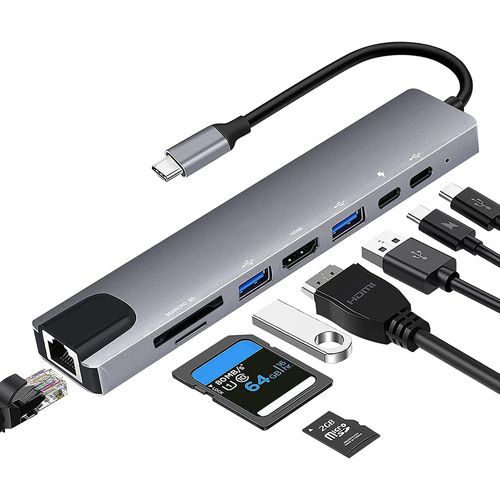 Hub USB C, 8-en-1 Adaptateur Hub USB-C vers Dual HDMI 4K,Gigabit Ethernet,USB 3.0/2.0,100W PD,USB-C Data,SD/TF Compatible avec Steam Deck MacBook Pro Air M2 M1 ChromeBook, Switch, Surface etc