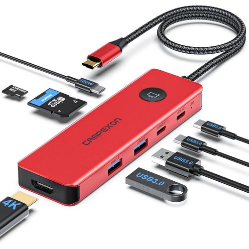 Hub USB C,8-in-1 USB Hub 3.0 avec 4K HDMI,2*USB-A 3.0,2*USB-C 3.0-Port des Donnes,PD 100W,SD/TF Lecteur Carte (Rouge)