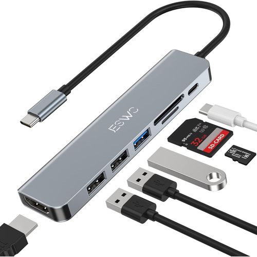 Hub USB C,adaptateur 7 en 1 avec HDMI 4K,1 USB 3.0,2 ports USB 2.0,lecteur de carte SD/TF et 100 W PD compatible avec MacBook Pro/Air et autres appareils de type C