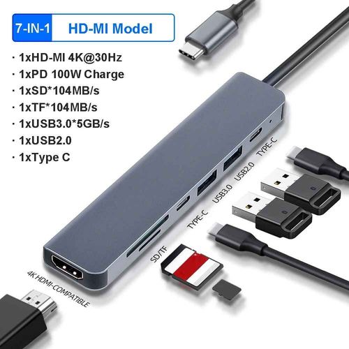 HUB USB C,adaptateur dongle avec 4K HDMI/VGA/Type C PD/RJ45/SD/TF,lecteur de carte pour MacPlePro/Air Dallas iPad - Type 7-IN-1 HDMI