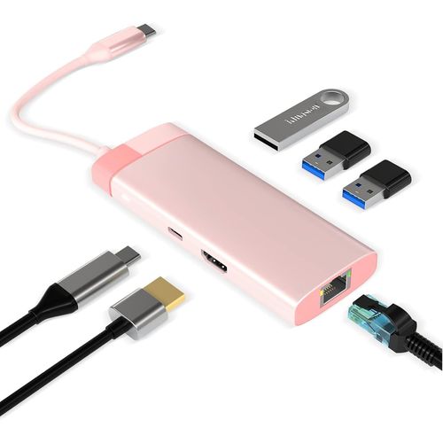 Hub USB C,Adaptateur USB C 6 en 1 avec Gigabit RJ45 Ethernet,3xUSB 3.0,HDMI 4K et 100W PD,Station d'accueil Compatible avec Les Ordinateurs Portables MacBook Pro & Air USB C et Autres appareils.[J24]
