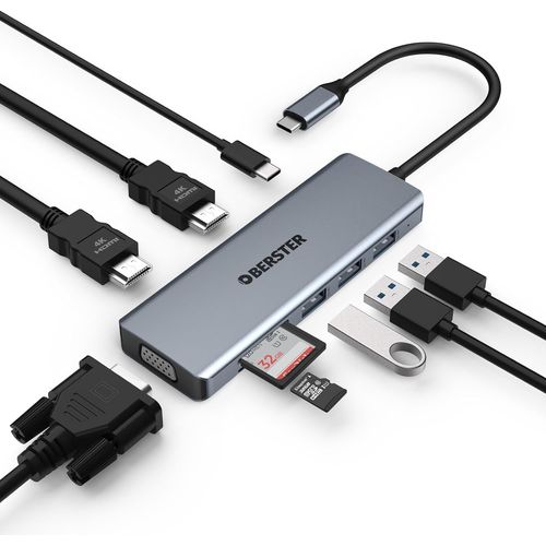 Hub USB C Adaptateur USB C 9 en 1 avec Triple cran,Comprenant 2x4K HDMI,VGA,100 PD,3 USB 3.0,lecteurs de Cartes SD/TF pour Ordinateur Portable.[W1036]