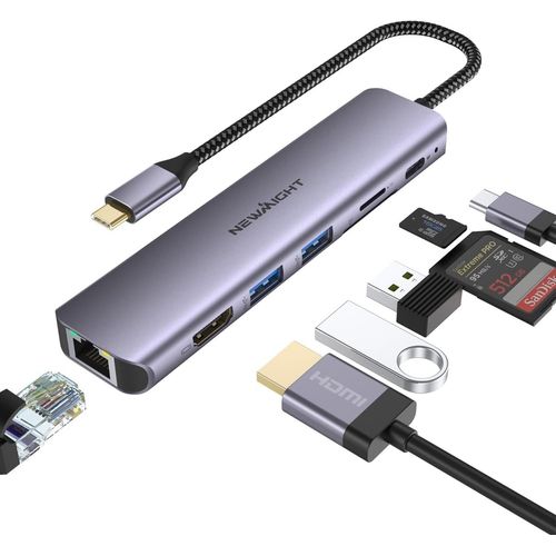 Hub Usb C Avec Ethernet 7 En 1 Adaptateur Type C Avec Hdmi 4K, 2 Usb 3.0, 1G Ethernet, Port Pd 100W, Lecteur De Carte Sd/Tf, Pour Macbook Ipad Dell Surface Hp Et Plus Encore[POU6260106]