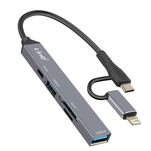Hub USB-C et Lightning OTG 1x Port USB-C + 2x USB + Carte SD / TF LinQ Noir