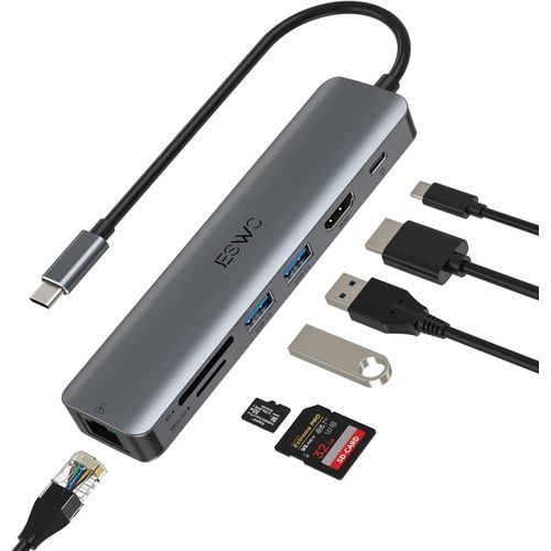Hub USB C Ethernet 7 en 1 Adaptateur USB C vers HDMI 4K 60Hz,2 x USB 3.0,Ethernet Gigabit,Port PD 100W,Lecteur de Cartes SD/TF,pour MacBook,Mac,iPad,HP