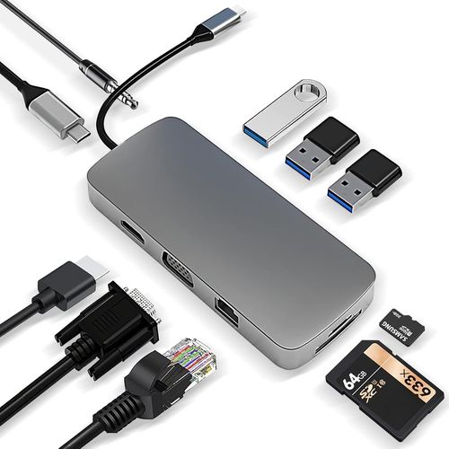 HUB USB C, station d'accueil, adaptateur USB C 10 en 1 avec HDMI 4K, VGA, PD 100 W, port USB 3.0, Ethernet RJ45, SD/TF et AUX 3,5 mm, compatible avec les ordinateurs portables MacBook Pro/Air USB C et plus de type C Dispositifs