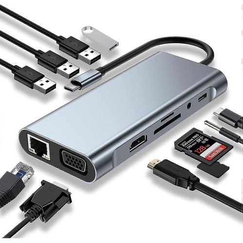 Hub USB C, station d'accueil, adaptateur USB C 11 en 1 avec HDMI 4K, VGA, port USB 3.0, PD Type C, Ethernet RJ45, lecteur de carte SD/TF, auxiliaire 3,5 mm, compatible