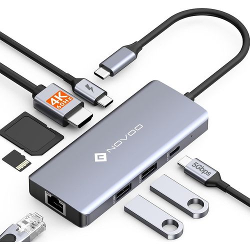 Hub USB C vers HDMI 4K@60Hz,8-en-1 Adaptateur USB C vers USB x 3,Gigabit Ethernet,PD 100W,Lecteur de Carte SD/TF Multipot USBC Hub pour MacBook Pro,MacBook Air,HP et Type-C Appareils