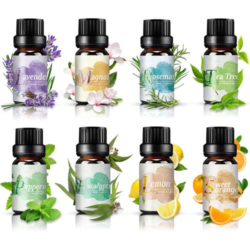 Huiles Essentielles 100 % Naturelles - 8 X 10 Ml - Coffret Cadeau D'huiles Essentielles Pures Pour Diffuseur D'aromathrapie - Lavande, Arbre  Th, Magnolia, Eucalyptus, Romarin, Orange Douce,