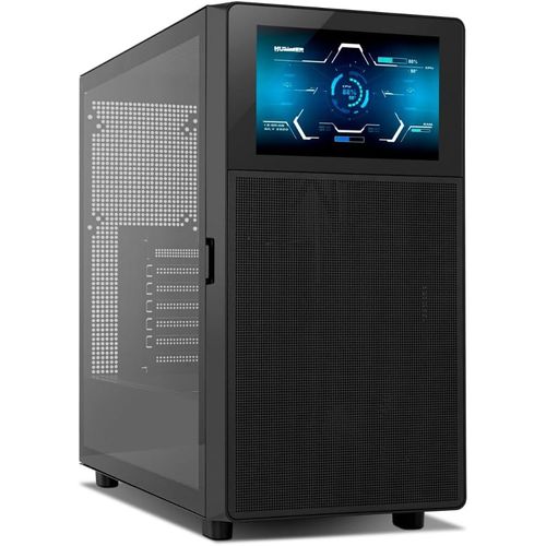 HUMMER BIOS-Semitower ATX|M-ATX|ITX,cran LCD 8  personnalisable,face avant en mtal maill,face latrale en verre tremp,espace pour 11 ventilateurs,USB-C et 3.0,Noir